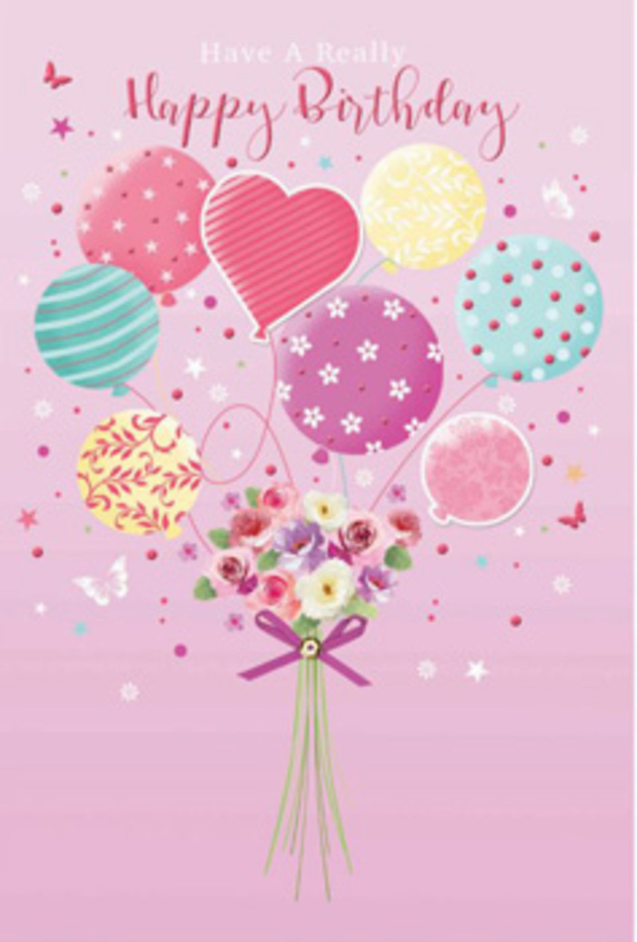This charming birthday image is set against a smooth blush-pink backdrop, evoking the gentle warmth of an early evening in Highams Park. Floating at the centre is a cluster of pastel balloons, rising as though they've just been released from a garden gathering near the Highams Park lake. Each balloon has its own cheerful design: some are wrapped in spiralling stripes that curl like festive ribbons, others are dotted with playful spots that seem to bounce across their surfaces, and a few feature more intricate floral shapes and swirling lines. Soft hues of pink, minty green, pale gold, and lavender blend together effortlessly, and subtle highlights give the balloons a glossy, inflated look, as if you could reach out and feel the smooth curve of each one. Tethered beneath this airy cluster is a dainty, hand-tied bouquet of fresh flowers. Petite roses and daisy-like blooms nestle closely in shades of creamy ivory, delicate blush, and muted mauve, each petal shaded with a painterly softness that suggests freshly picked stems. The bouquet is gathered tightly at the base and bound with a sparkling purple bow whose satin loops and tails catch the light, creating tiny points of brightness that echo the shine of the balloons above. Around the flowers, delicate butterflies and tiny star-like shapes hover, hinting at movement and the fleeting magic of a birthday moment. The entire composition feels like a tender birthday wish drifting over E4-from homes around The Avenue to the streets near Highams Park station-perfect for anyone who loves a balance of playful detail and gentle, heartfelt elegance.