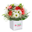 A vibrant gathering of coral, peach, and ruby red carnations spills joyfully from a crisp white gift bag in this spirited bouquet inspired by Highams Park's lively neighbourhood flower scene. Among the ruffled textures, snowy daisies with bright yellow-green hearts peek through, exuding cheerfulness reminiscent of sun-dappled days by the park's boating lake. Sprigs of playful baby's breath float between the larger blooms, their tiny cloud-like clusters imparting a gentle softness. From the left side, small, unopened buds with hints of purple lend intrigue and hope for future blossoms. The entire arrangement is bordered by a collar of lush, glossy green leaves - echoing the abundance of nature around Larkshall Road and the area's leafy lanes - and designed in a well-rounded shape that feels both abundant and welcoming. Robust white ribbon handles make the bag as practical as it is charming. Set against a pure white background, each petal, leaf, and shaft of light stands out in dazzling clarity, inviting the recipient to experience a sense of freshness, celebration, and skilled care. Perfect for birthdays, anniversaries, or those spontaneous moments when you wish to share a piece of Highams Park's blooming spirit with someone special.