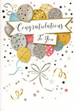 In this image, a slender portrait-style congratulations card stands against a neutral backdrop, its cover transformed into a charming miniature celebration. A bouquet of illustrated balloons dominates the upper and central parts of the card, clustered together in a cascade of metallic and pastel tones: mellow gold, soft silver, champagne beige, sky blue, blush pink, and cool grey. Every balloon has a unique decoration, from slim, shimmering stripes and delicate star-speckled patterns to sections of dense glitter that add a sense of sparkle and textured depth. The balloon strings are drawn as graceful gold and silver lines, sweeping downward and curling at the ends like festive ribbons glimpsed above a party table in a cosy Highams Park home. Cutting across the centre is a gently arched banner, subtly shadowed to create the illusion it is floating above the balloons. On this banner, "Congratulations To You" is written in elegant, looping script, the darker ink standing out clearly while still blending harmoniously with the soft, celebratory palette. Surrounding the main design, the pale background is dotted with tiny metallic stars, playful curls that resemble streamers, and scattered confetti-like specks that add a sense of motion and lightness. The card appears to be printed on smooth, slightly glossy cardstock, with the glitter elements giving off a gentle sheen as though they would catch both light and fingertips. The overall impression is one of graceful joy-sophisticated yet warm, ideal for marking milestones like promotions, graduations, or personal achievements. It is exactly the kind of card a Highams Park florist would tuck beside a fresh bouquet, ready for local delivery to share heartfelt pride and happiness with someone who truly deserves to be celebrated.