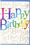 A colourful, contemporary birthday card is shown standing as if ready to be signed and tucked beside a bouquet on a Highams Park doorstep. The main focus is the phrase "Happy Birthday," written in bold, rounded capital letters that march confidently across the centre. Each letter is filled with a soft-blended gradient that moves through shades of crimson, fuchsia, apricot, sunshine yellow, grassy green, and cool ocean blue, creating a smooth ribbon of colour that feels uplifting and fun. Scattered around the words, tiny multi-coloured dots and miniature stars are placed with a light touch, evoking the sparkle of confetti or cake sprinkles without crowding the design. The background remains gentle and sophisticated: a pale, creamy tone overlaid with line after line of "Happy Birthday to you" in slender, looping gold script. This handwriting-style text forms a subtle pattern, and the metallic ink glints softly when light slides across it, much like evening light catching the tops of trees around the Highams Park lake. The card's texture appears sleek and satiny, with the primary lettering raised slightly from the surface, offering a pleasing contrast that hints at quality printing. Overall, the design strikes a harmonious balance between playful brightness and elegant detail, making it suitable for everything from a child's party to a milestone adult birthday. It feels like just the right card to accompany a vibrant, florist-crafted arrangement delivered throughout Highams Park, carrying with it not only words but a sense of genuine, joyful celebration.