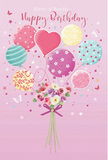 Against a soothing rose-pink background, this birthday artwork shows a floating celebration that looks perfectly at home in Highams Park. At the top, a group of pastel balloons rises together, their strings meeting at a small but abundant bouquet of flowers below. Each balloon feels distinct: one spirals with candy-striped ribbons, another is sprinkled with lively polka dots, and others are decorated with soft floral motifs and looping swirls, all coloured in gentle pinks, sea greens, buttery yellows, and lilac tones. Highlights skim across their rounded surfaces, giving the impression of glossy balloons catching the light as they drift above E4's quiet streets. Below them, the bouquet gathers like a little garden in the air. Roses and anemone-style blossoms in creamy white, blush, and dusty mauve are packed closely together, their petals rendered with a velvety softness that suggests freshly cut, cool blooms from a local Highams Park florist. A rich violet satin bow ties the stems, the ribbon's sheen creating folds of light and shadow that make it feel tangible and touchable. Around the bouquet, tiny stars and delicate butterflies flutter, adding a whisper of magic and movement, as if confetti has just been tossed into the air after singing happy birthday. The mood is light, affectionate, and quietly joyful, a visual echo of a birthday card sent to a home near Highams Park station, along Hale End Road, or tucked away on The Avenue, carrying warm wishes and the charm of a thoughtfully composed, balloon-and-bloom celebration.